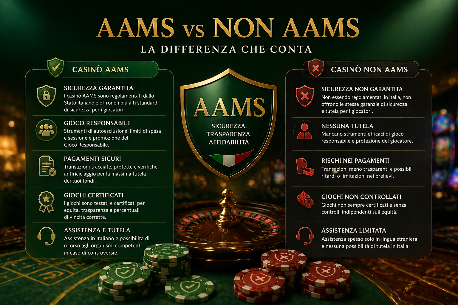 Infografica AAMS vs Non AAMS – differenze tra casino legali e non regolamentati in Italia