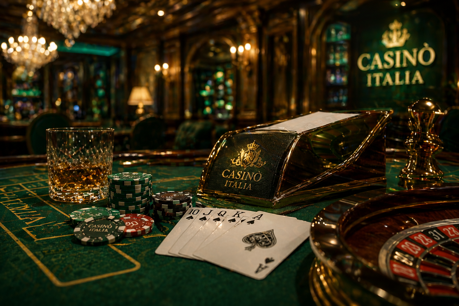 Tavolo da gioco elegante di un casino italiano con carte, fiches e roulette